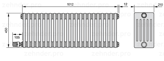 Схема (чертеж) Радиатор Zehnder Charleston 6045/22 №V003 Белый глянцевый RAL 9016